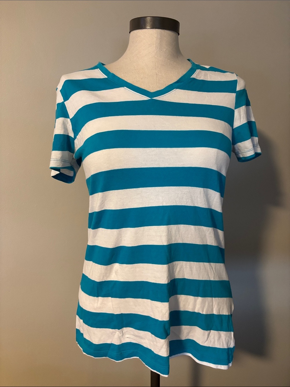 Faded Glory Teal & White Stripe V-Neck Short Sleeve Tee